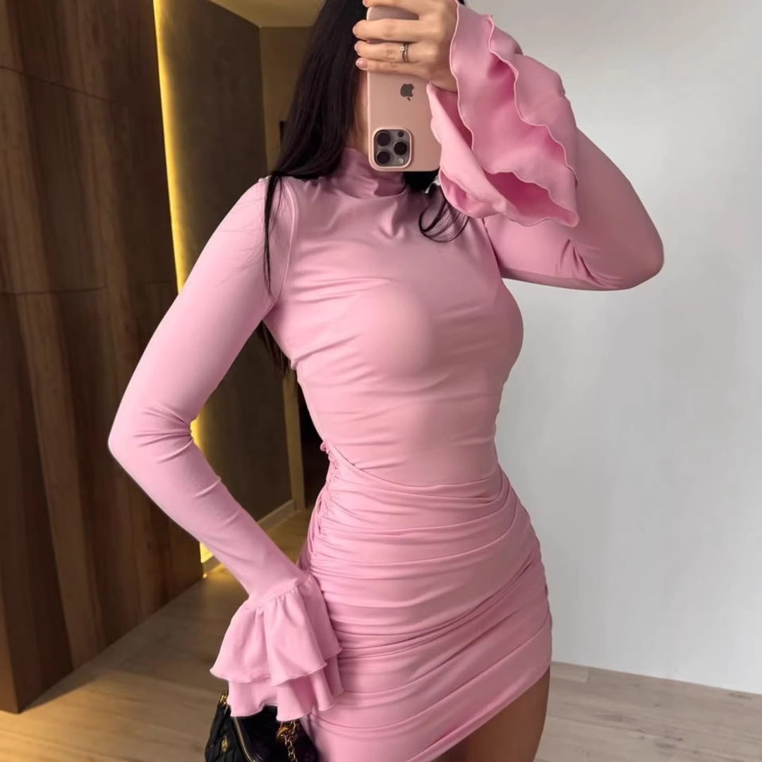 Damen Eng anliegendes Minikleid mit Rüschen-Volantärmeln und geraffter Wickeloptik Echoarchiv