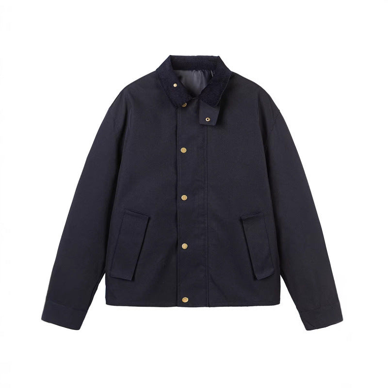 Herren Kurze Boxy-Workerjacke aus robustem Canvas mit Cordkragen und verdeckter Druckknopfleiste Echo Archiv