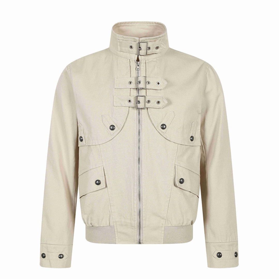 Unisex Kurz geschnittener Canvas-Fieldblouson mit Schnallenblende, Utility‑Taschen und hohem Stehkragen Echoarchiv