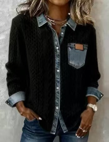 Damen nan geflochtener Strickpullover mit integriertem Jeanskragen und Brusttasche Echo Archiv