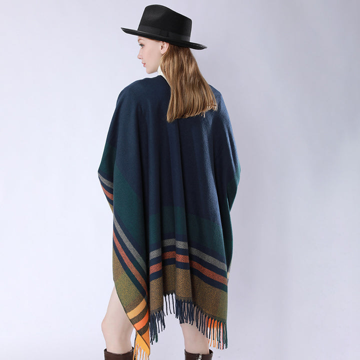Damen Oversize‑Poncho‑Überwurf mit Tunnelzug, Karomuster und Fransensaum Echo Archiv