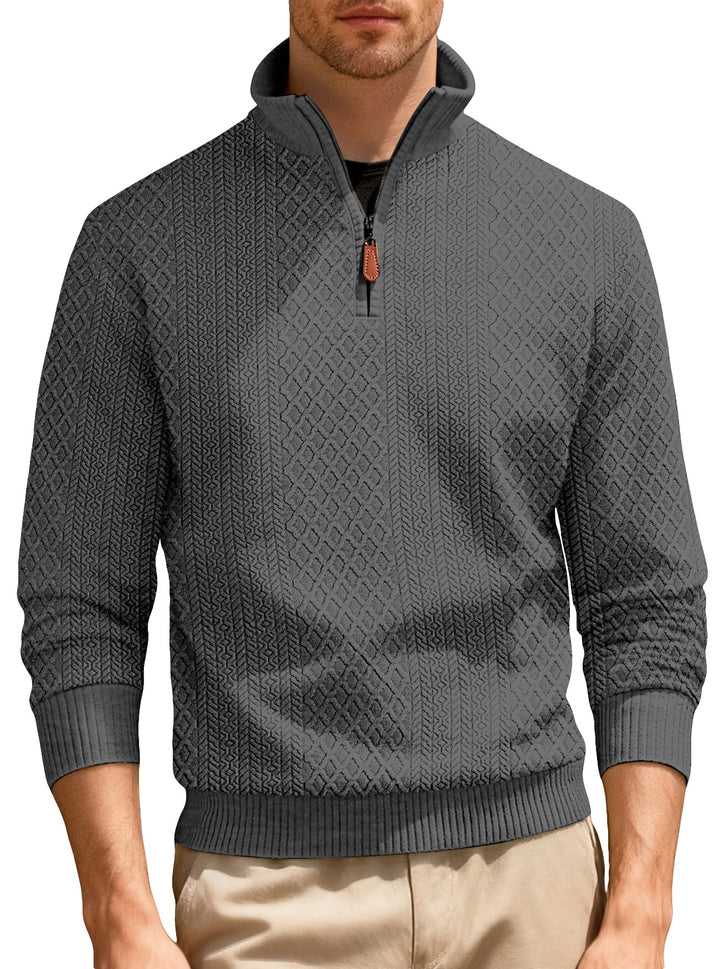 Herren nan feinstrukturierter Halbzip-Pullover im Jacquard-Relief mit hohem Stehkragen und Leder-Zipper Echo Archiv