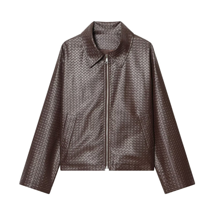 Damen Kurze Boxy‑Jacke aus geflochten wirkendem Kunstleder mit Hemdkragen und Frontreißverschluss Echoarchiv