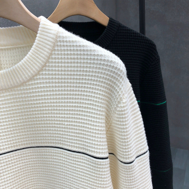 Unisex Strukturierter Waffelstrick-Pullover mit feinen Kontraststreifen Echoarchiv