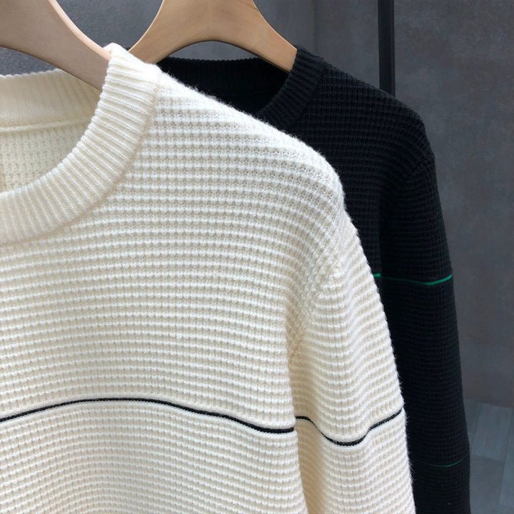 Unisex Strukturierter Waffelstrick-Pullover mit feinen Kontraststreifen Echoarchiv