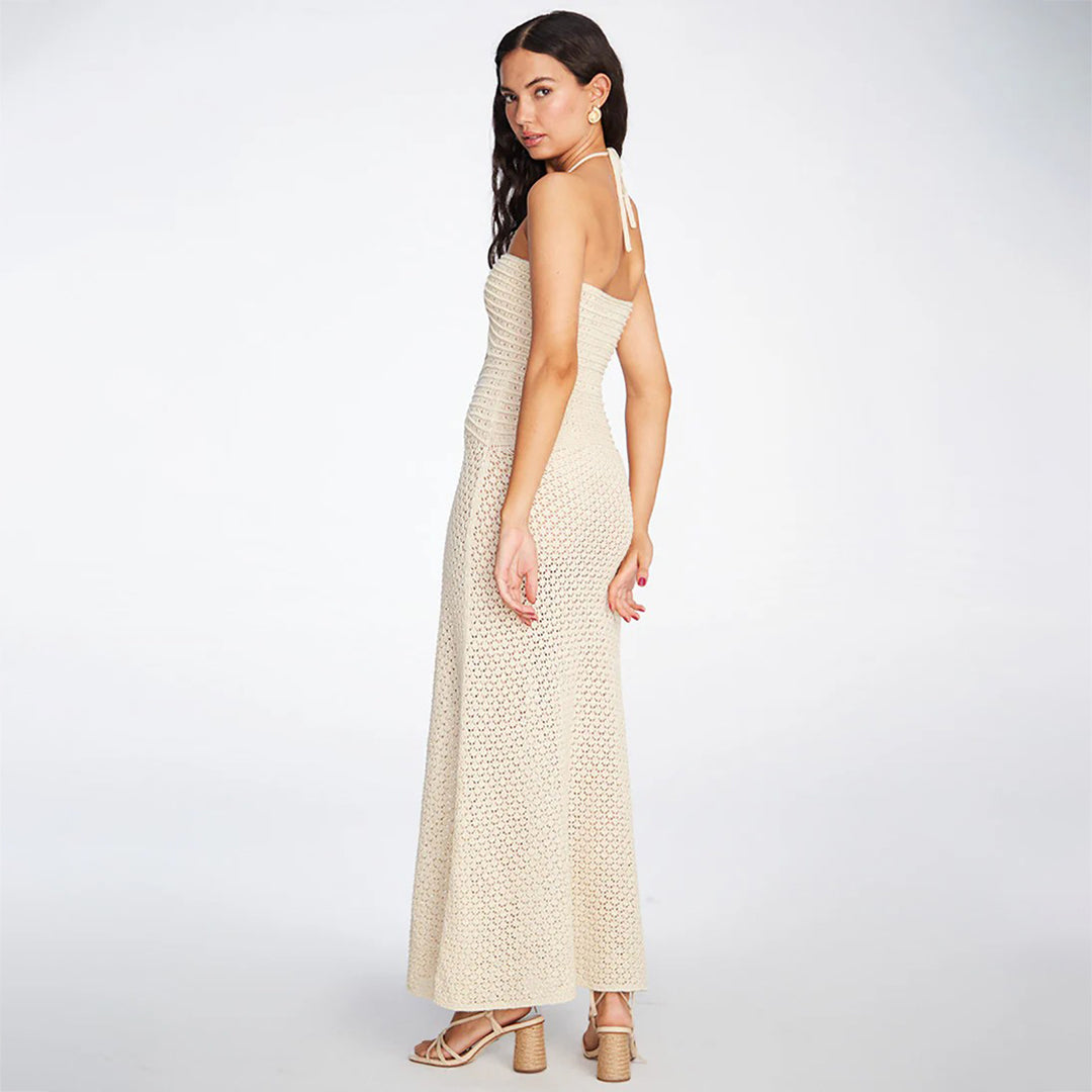 Damen gehäkeltes Maxikleid mit tiefem V-Ausschnitt und seitlichem Cut-Out Echo Archiv