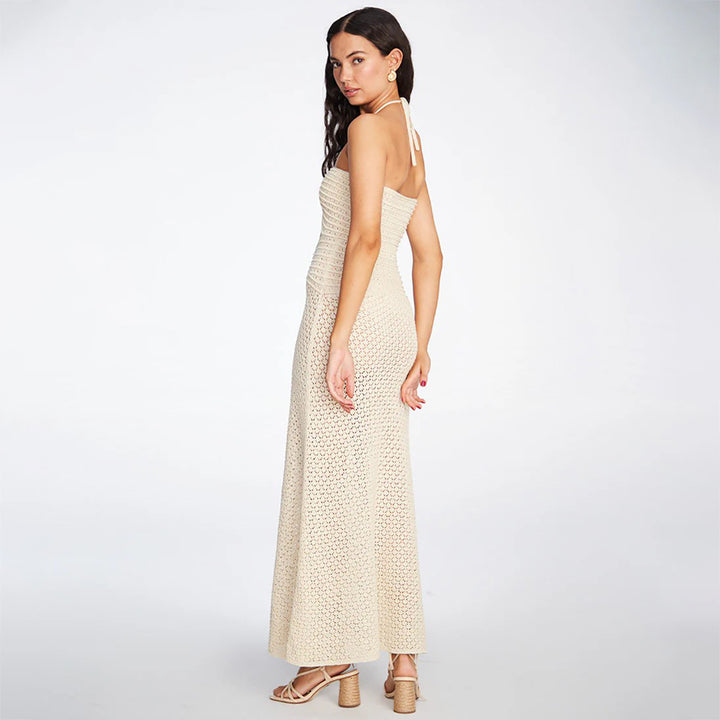 Damen gehäkeltes Maxikleid mit tiefem V-Ausschnitt und seitlichem Cut-Out Echo Archiv