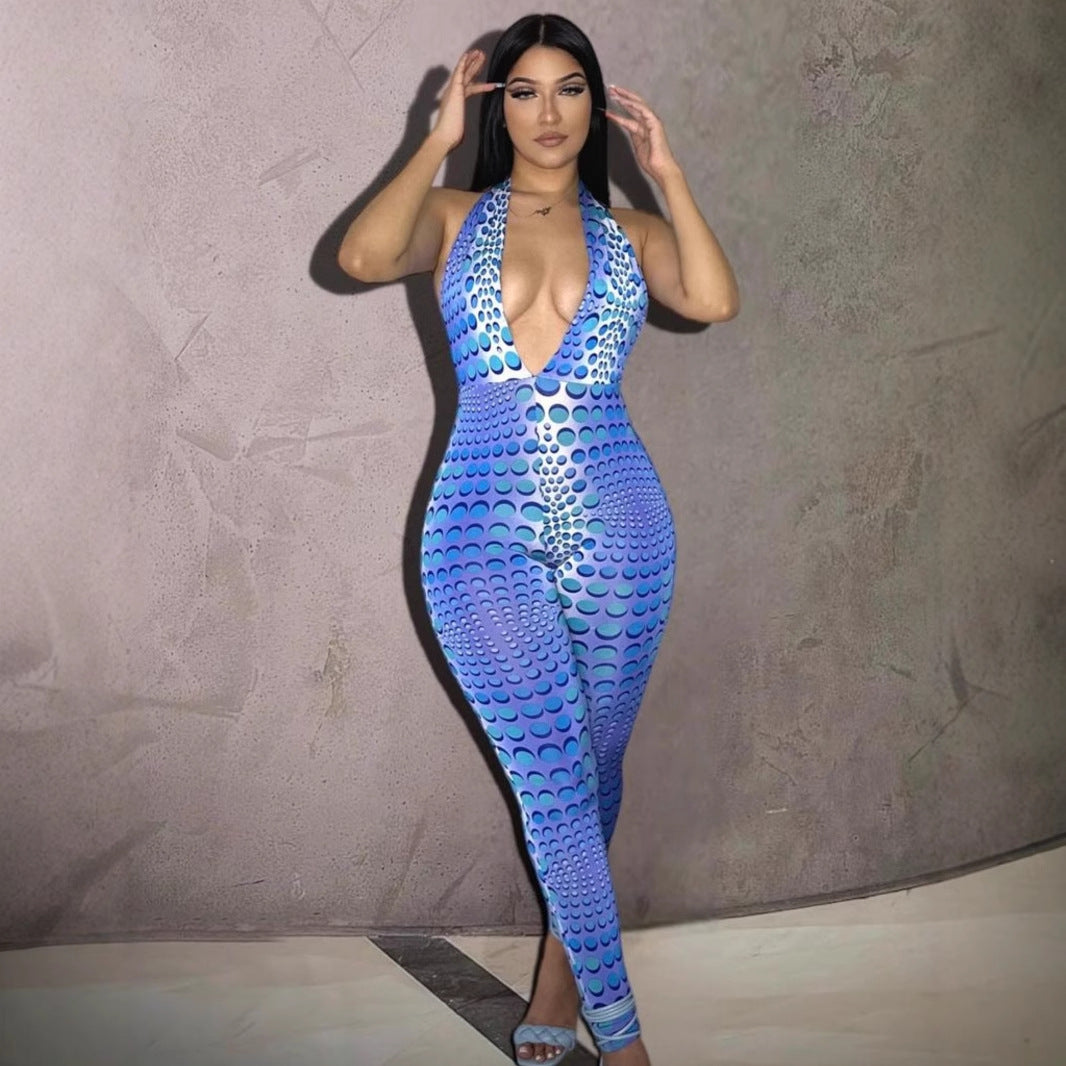 Damen Bodycon Jumpsuit mit tiefem V-Ausschnitt und exklusivem Muster Echo Archiv