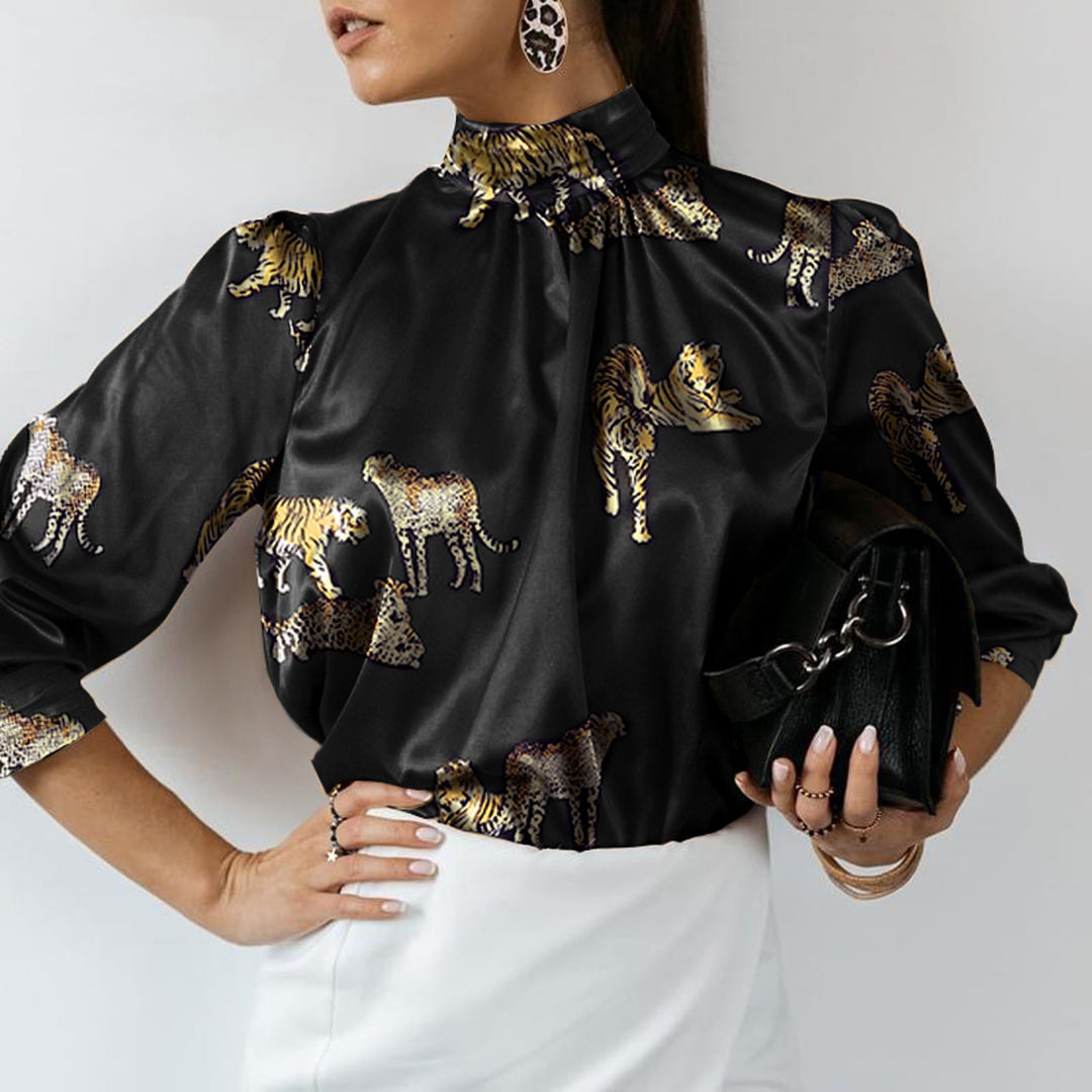 Damen Hochgeschlossenes Satinblusenshirt mit Stehkragen und Animal‑Print – Élovi