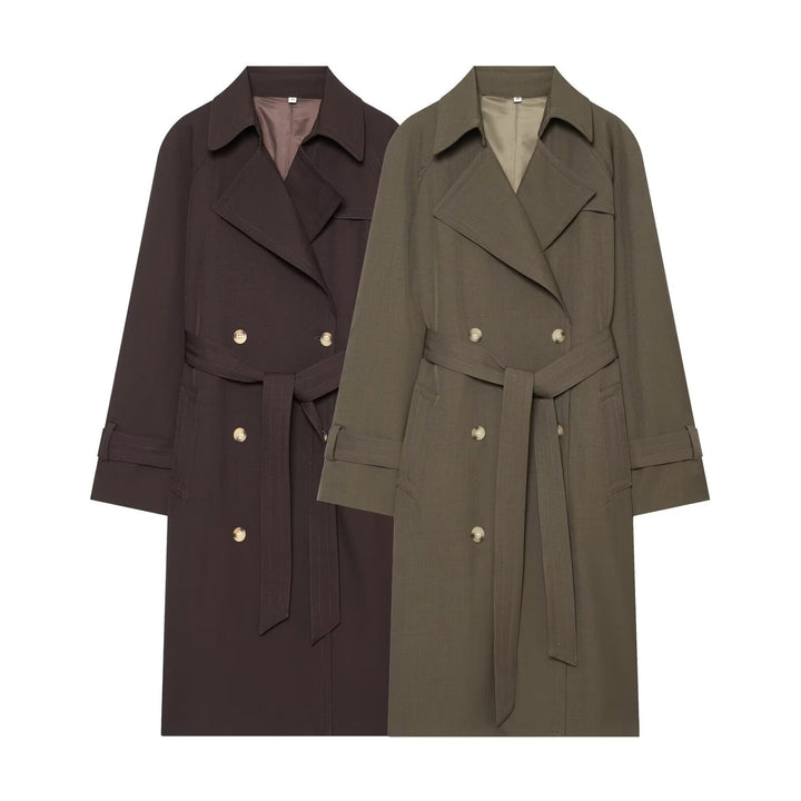 Damen Langer Doppelreihiger Trenchcoat mit Taillengürtel und Raglanärmeln Echo Archiv