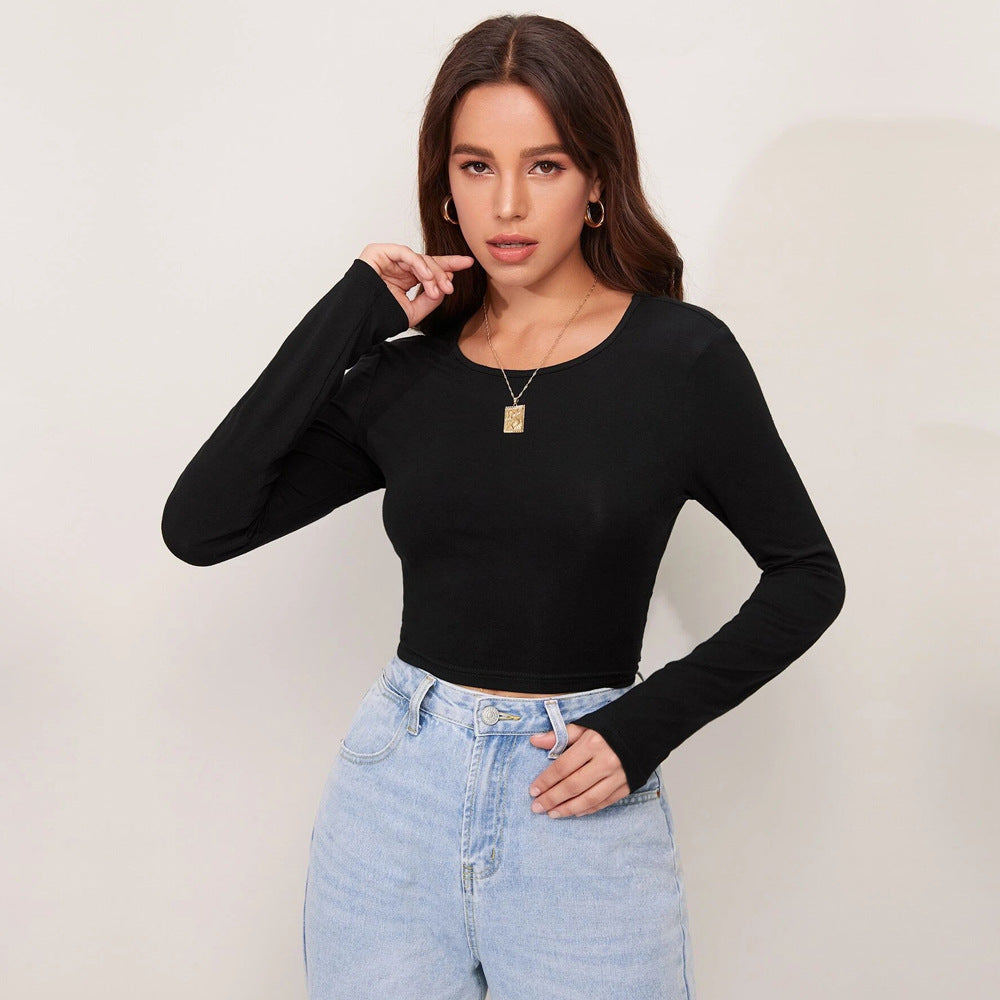 Damen figurbetontes Cropped-Longsleeve mit Sculpting-Passform und Rundhalsausschnitt – Avérine