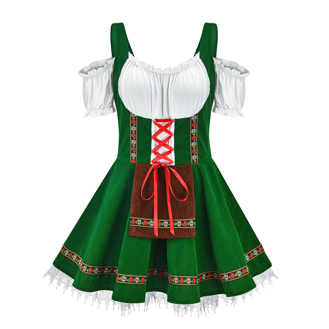 Damen nan kurzes Trachtenkleid mit Carmen-Ausschnitt, geschnürtem Mieder und bestickter Schürze Echo Archiv