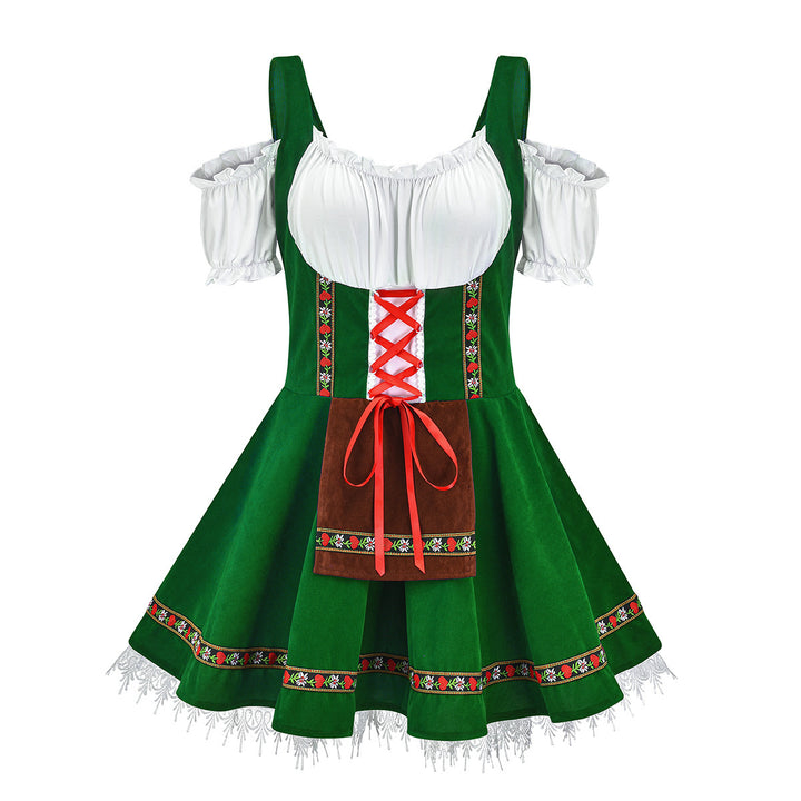 Damen nan kurzes Trachtenkleid mit Carmen-Ausschnitt, geschnürtem Mieder und bestickter Schürze Echo Archiv