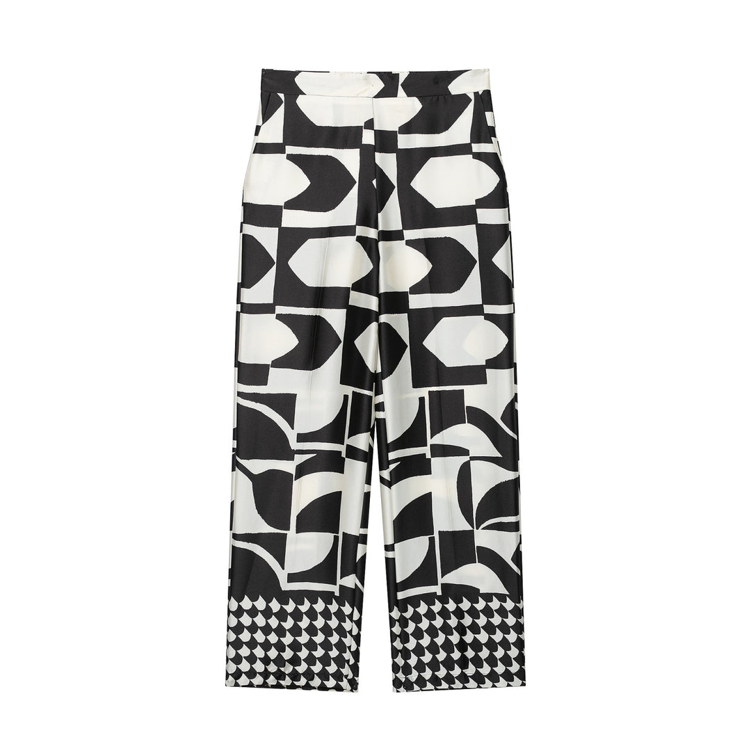 Damen Weite Palazzohose mit hoher Taille, Mittelfalte und grafischem Blockprint Echo Archiv