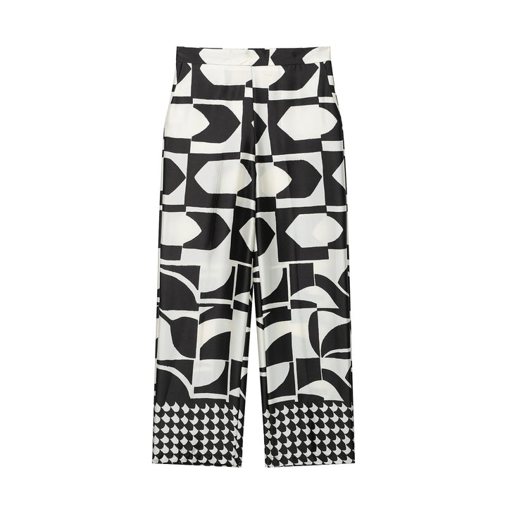 Damen Weite Palazzohose mit hoher Taille, Mittelfalte und grafischem Blockprint Echo Archiv