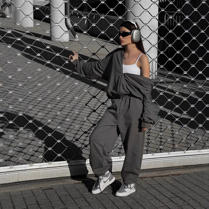 Damen Loose-Fit Freizeit-Set mit Zip-Kapuze und weitem Palazzo-Jogger – Avérine