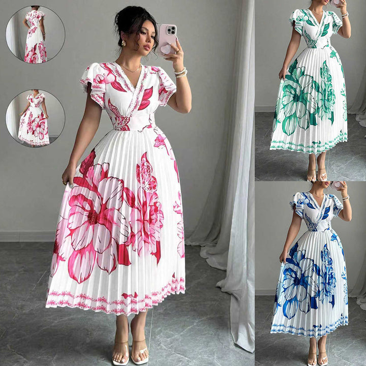 Damen Plissiertes Maxi-Jersey-Kleid mit floralen Akzenten und V-Ausschnitt Echo Archiv