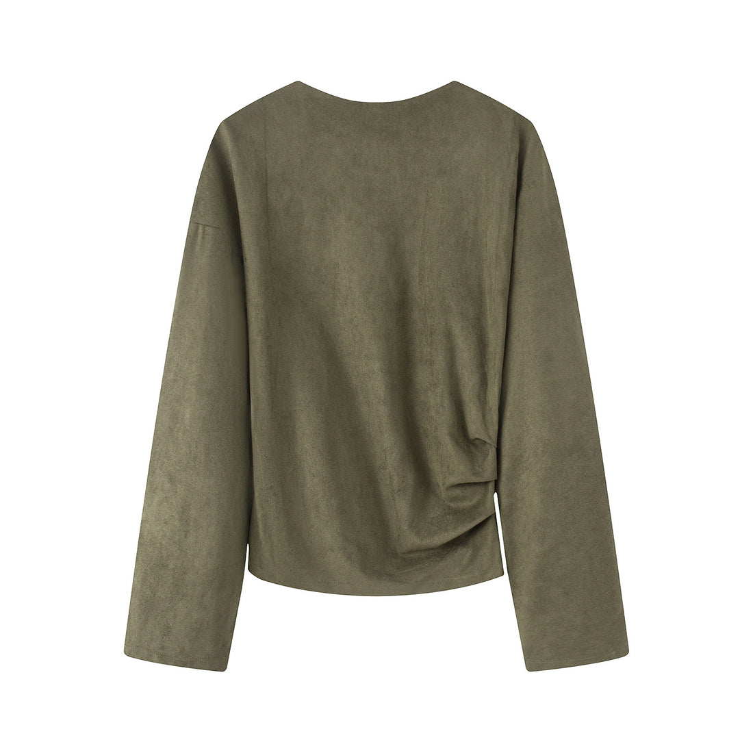 Damen Oversize-Langarmshirt mit seitlicher Drapierung und samtiger Wildlederoptik – Avérine