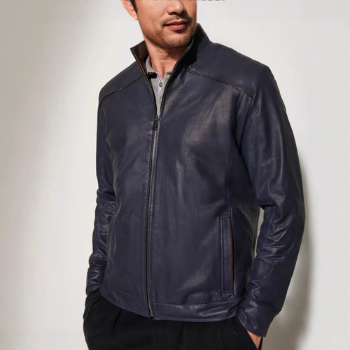 Herren stylische Lederjacke mit modernem Stehkragen und dezenten Kontrastnähten Echoarchiv