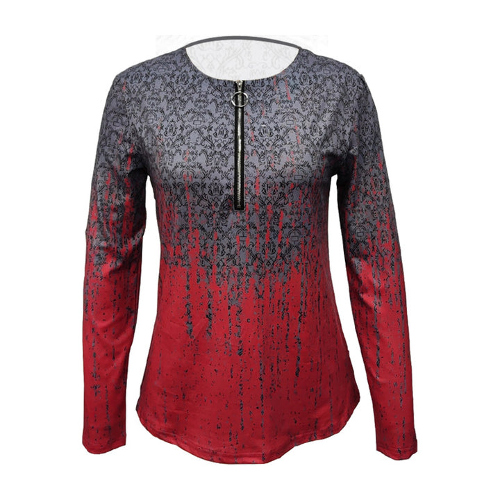 Damen Langarmshirt mit Reißverschluss-V-Ausschnitt und strukturierter Ombré-Print – Avérine