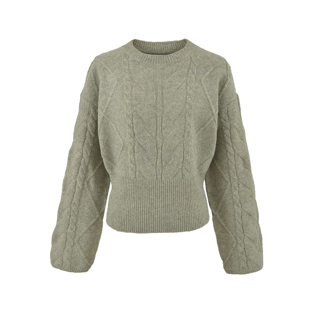 Damen Kurzer Zopfmuster-Strickpullover mit tailliertem Rippbündchen Echoarchiv