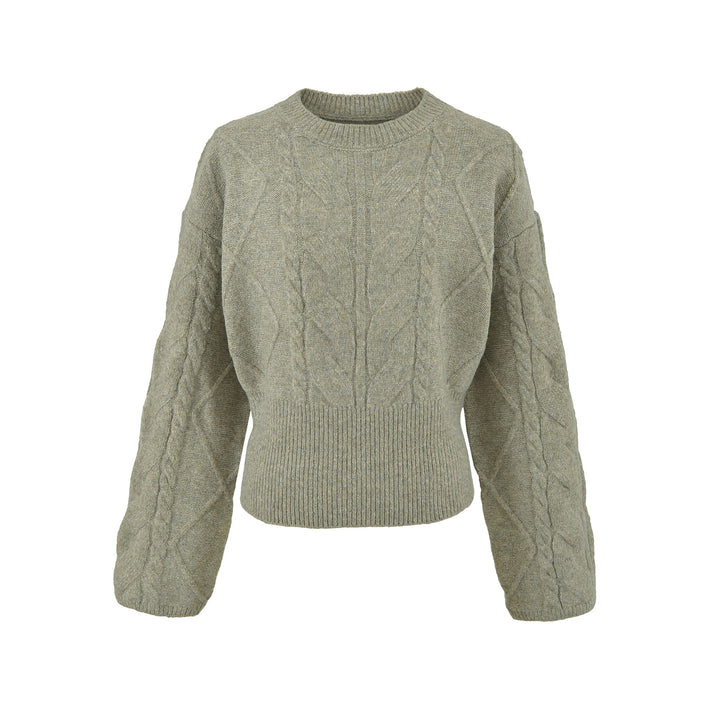 Damen Kurzer Zopfmuster-Strickpullover mit tailliertem Rippbündchen Echoarchiv