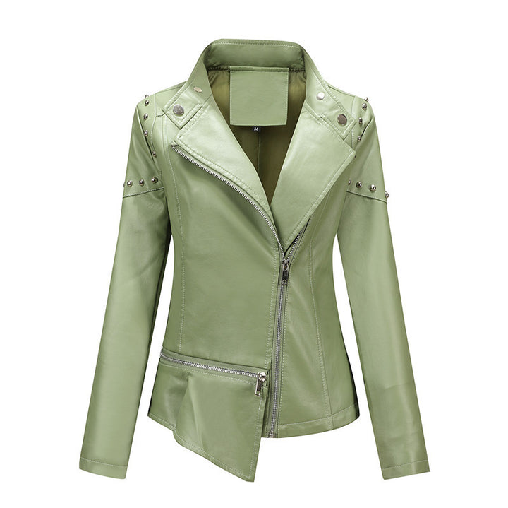 Damen Asymmetrische Bikerjacke aus Kunstleder mit Nietenbesatz und tailliertem Schnitt Echoarchiv