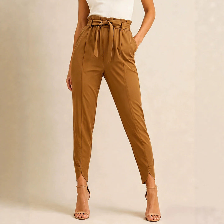 Damen nan hoch taillierte Paperbag-Hose mit Bindegürtel und geschlitztem Knöchelabschluss Echo Archiv