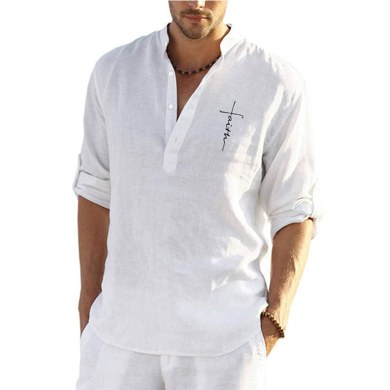 Herren Leinenhemd mit modernem Stehkragen und hochwertiger Stickerei Echoarchiv
