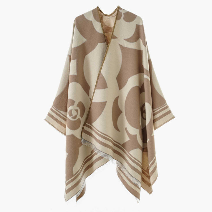 Damen Grobgewebter Jacquard-Überwurf mit großflächigem Ornamentmuster und Zierfransen – Avérine