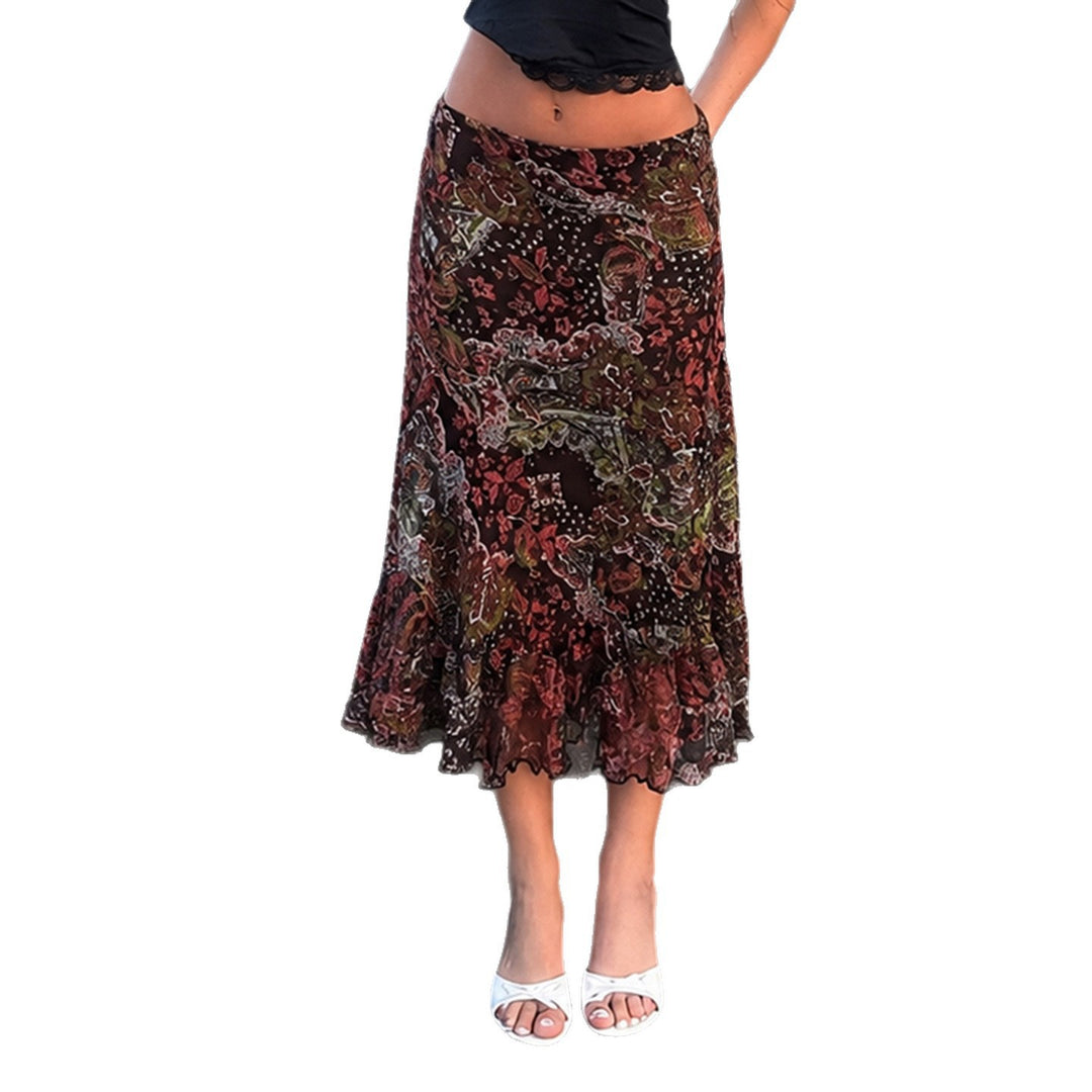 Damen Chiffon-Midirock mit mehrlagigem Volant, Paisley-Print und Zipfelsaum – Rosévia