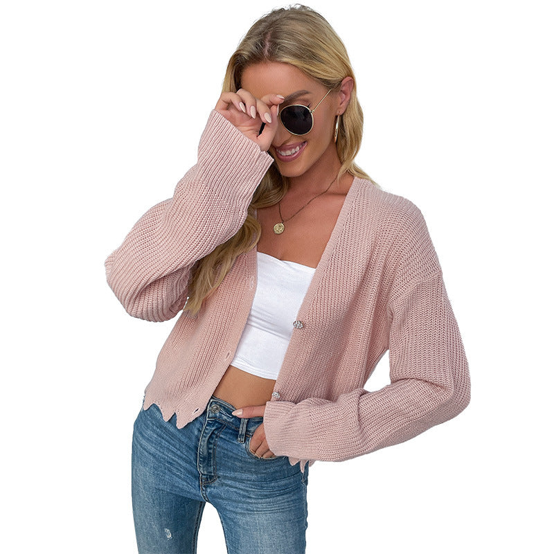 Damen Kurzgeschnittener Feinstrick-Cardigan mit V‑Ausschnitt und Wellensaum – Veloura