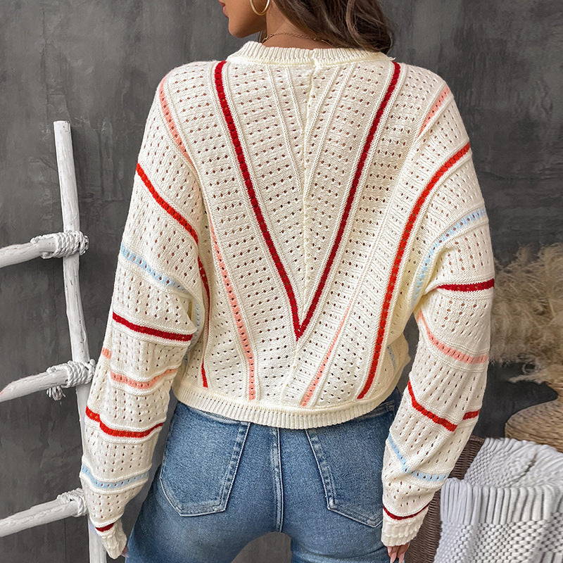Damen Oversize-Ajourstrickpullover mit V-Streifen-Design Echoarchiv