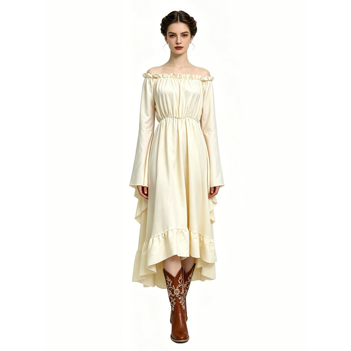 Damen nan schulterfreies Boho Maxikleid mit Volants, asymmetrischem Saum und Glockenärmeln Echo Archiv