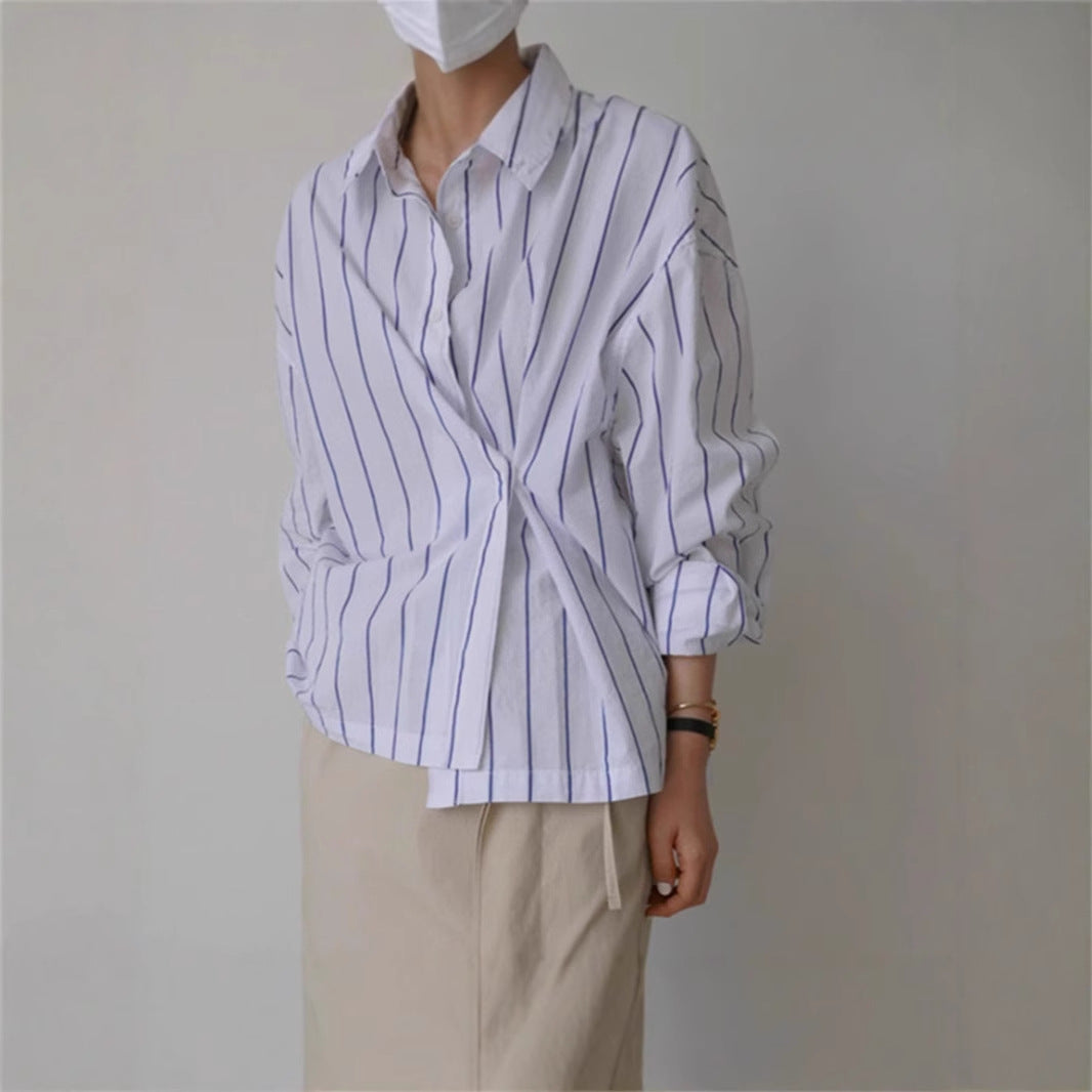 Damen Oversize-Kastenhemdbluse aus Leinen-Baumwollmix mit vertikaler Nadelstreifen-Optik und legerer Silhouette – Maréline