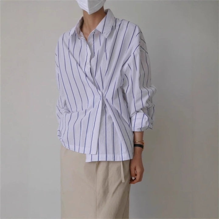 Damen Oversize-Kastenhemdbluse aus Leinen-Baumwollmix mit vertikaler Nadelstreifen-Optik und legerer Silhouette – Maréline