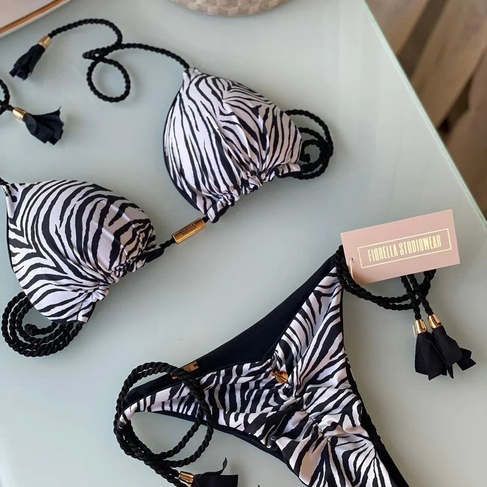Damen Triangel-Bikini mit modischem Leopardenmuster und dekorativen Quasten Echo Archiv