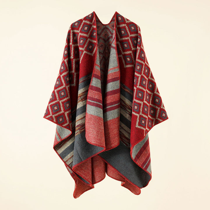 Damen Jacquard-Überwurf mit geometrischem Quadratmuster und offener Front – Avérine