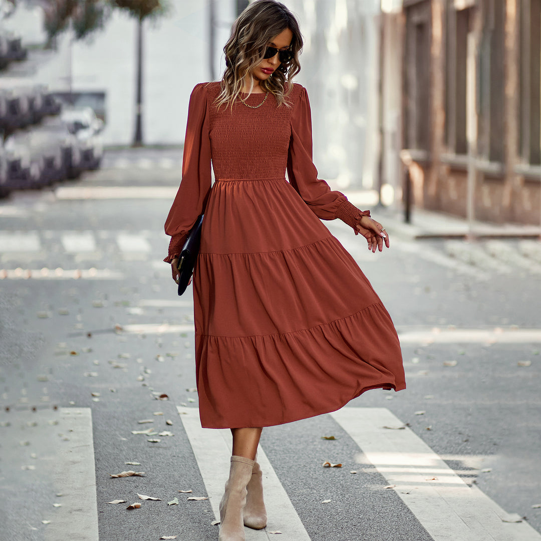 Damen nan gerafftes Midikleid mit Smok-Oberteil, ballonförmigen Ärmeln und stufigem Volantrock Echo Archiv