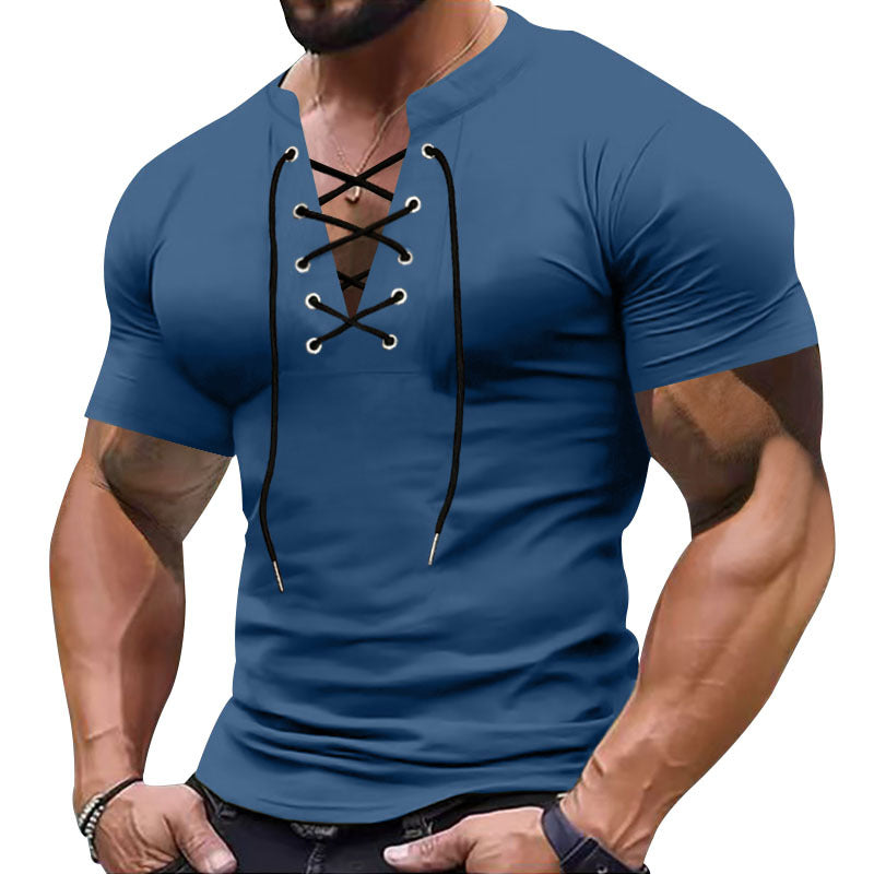 Herren Kurzarm-Henley-Shirt mit modischem Schnürdesign und körperbetonter Passform Echoarchiv