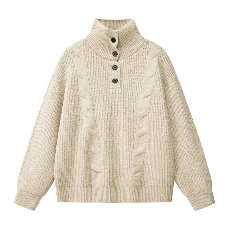 Damen Oversize Zopfstrickpullover mit hohem Rollkragen und Knopfleiste Echoarchiv