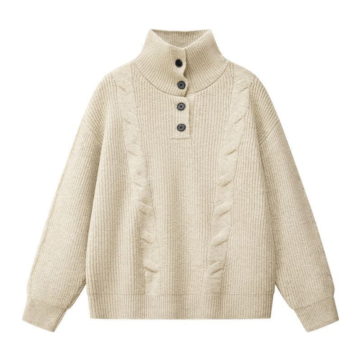 Damen Oversize Zopfstrickpullover mit hohem Rollkragen und Knopfleiste Echoarchiv
