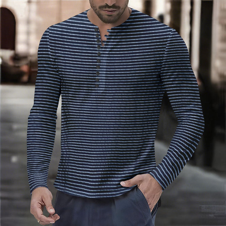 Herren Langarm-Henley-Shirt mit modernem Streifenmuster Echoarchiv