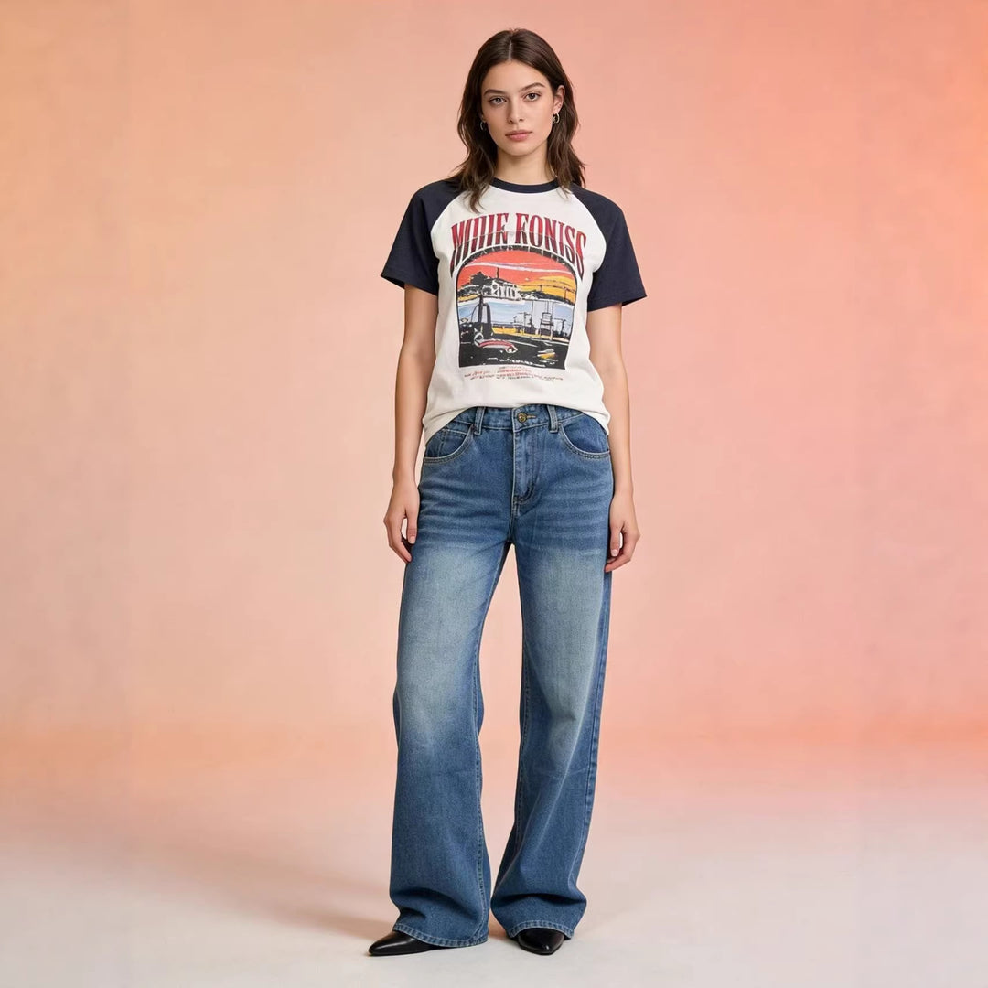 Damen nan hochgeschnittene Weitbein-Jeans mit tonaler Seitennaht und verwaschenem Verlauf Echo Archiv
