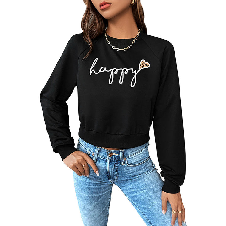 Damen Cropped-Sweatshirt mit Script-Print, Herz-Applikation und Raglanärmeln Echoarchiv