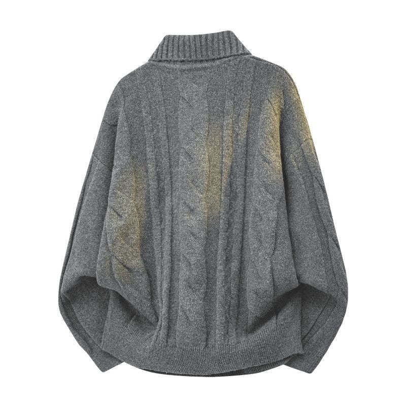 Damen Oversize Zopfstrickpullover mit hohem Rollkragen und Knopfleiste Echoarchiv