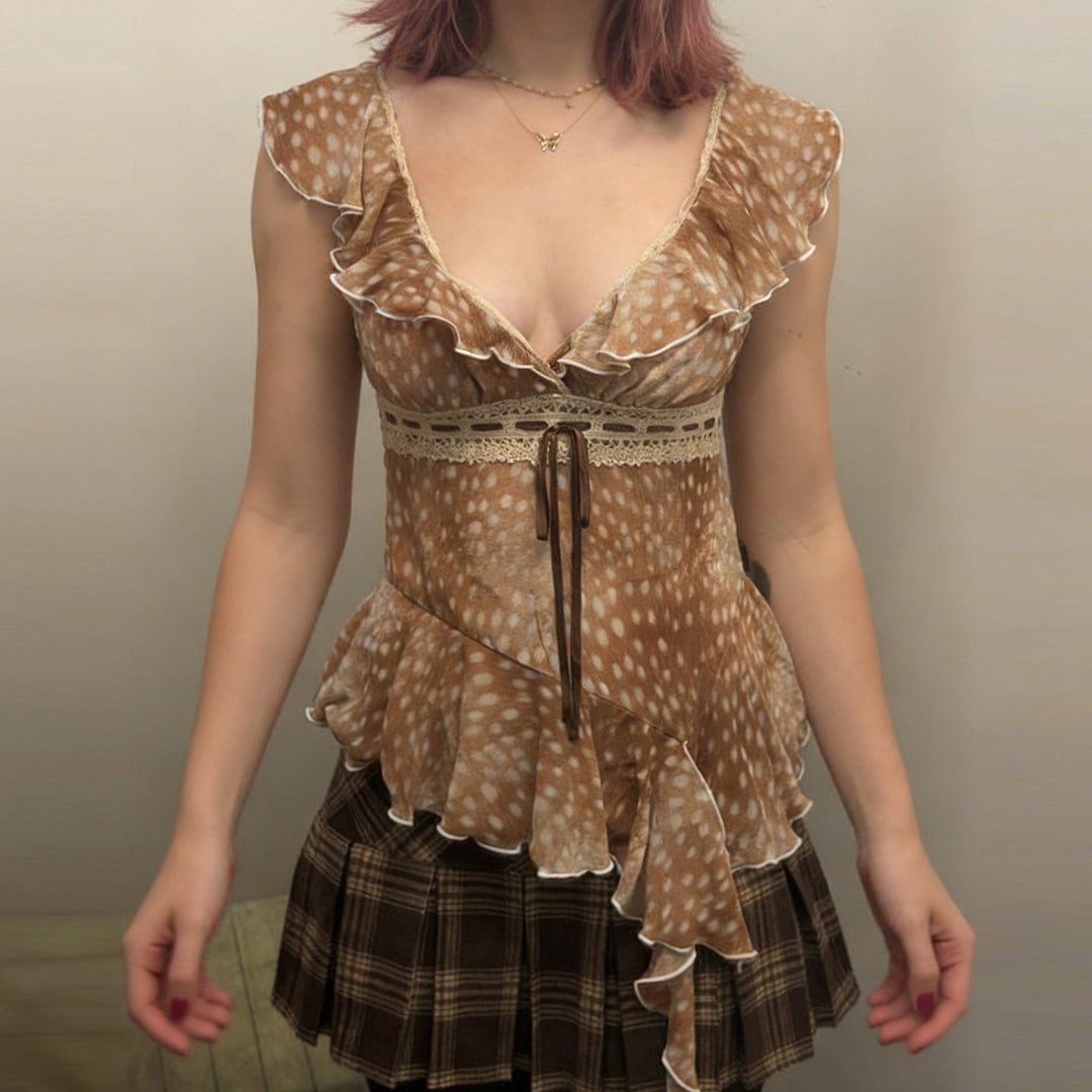 Damen asymmetrisches Sommerkleid mit Rüschen und Spitzenakzenten Echo Archiv