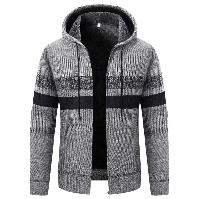Herren Kapuzen-Strickjacke mit Teddyfutter, Reißverschluss und Kontraststreifen Echo Archiv