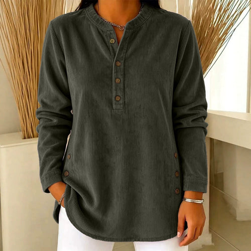 Damen Lässige Cordoptik‑Tunika mit Henley‑Kragen und Seitenknöpfen – Avérine