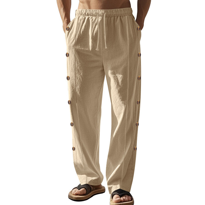 Herren nan entspannte Leinen-Relaxhose mit seitlicher Knopfleiste elastischem Bund und Eingrifftaschen Echo Archiv